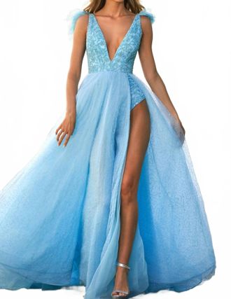 Sherri Hill Plunging Neckline Bodysuit Dress In Light Blue