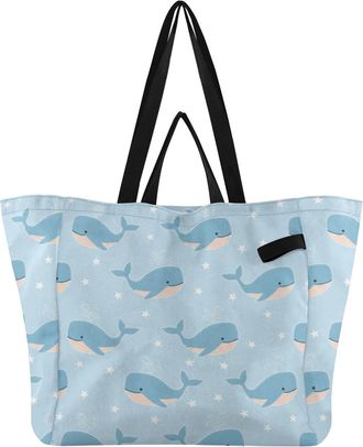 Generic Whales Stars Blue pattern Reusable Canvas Tote Bag, Heavy Duty Grocery Shopping Bag with Hard Bottom Double Handles Large Capacity Work Groceries Trav