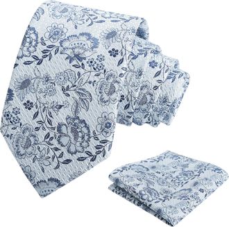 Alizeal Mens 8cm Floral Tie with Pocket Square Fashion Elegant Wedding Business Necktie Set, Light Blue