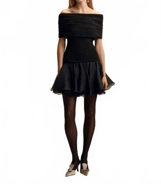 Marina Moscone Off-Shoulder Lurex Jersey Bubble Dress In Midnight/silver