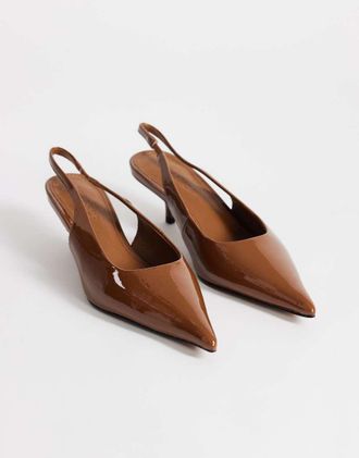 Topshop Ali - Scarpe con tacchetti a spillo e cinturino posteriore in vernice color cuoio-Marrone