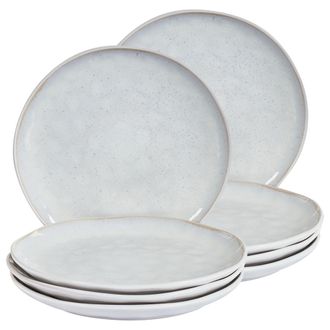 Beliani Conjunto De 8 Platos Llanos De Gres Caol&iacute;n Artesanal Acabado Esmalte Reactivo Gris Claro Sesame