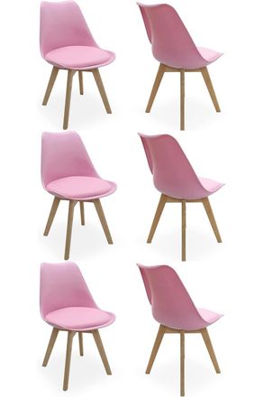 Life Interiors Set of 6 Scandinavian Dining Chairs Leather Cushions Solid Wood Legs in Pink