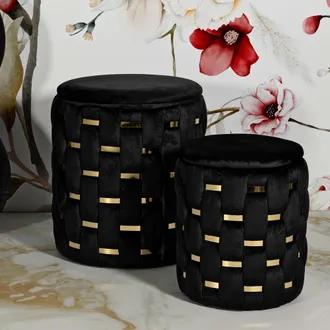 Dmora Pouf Contenitore Kasane, Set Da 2, Forma Rotondo, Colore Struttura Oro, 37x37x42h Cm Nero