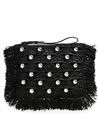 Paco Rabanne Bead Embellished Woven Raffia Pouch Wristlet in Black/silver at Nordstrom
