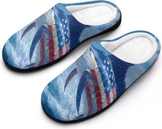 Generic US Flag Marlin Fish Men Slippers Funny House Shoes Cotton Slipper for Indoor Outdoor