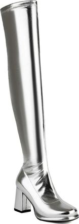 Generic Womens Round Toe Thigh High Boots PU Leather Over The Knee Boots with Side Zipper Chunky High Heel Platform Shoes,Silver,8.5 UK