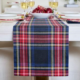 Solino Home Linen Table Runner for Dining Table, Holiday and Everyday Table Decor - Stewart Plaid in Black at Nordstrom, Size Xx-Small