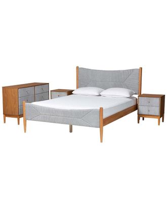 Baxton Studio Taylin Mid-Century Corduroy & Wood Queen 4Pc Bedroom Set With 2 Nightstands
