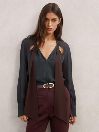 Reiss Navy & burgundy Tie-neck Cut-out Blouse, 16