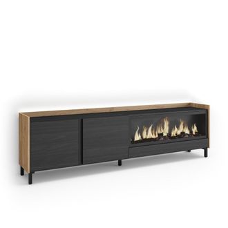 Skraut Home Mueble tv efecto madera negro roble 212x35x61cm chimenea efecto fuego