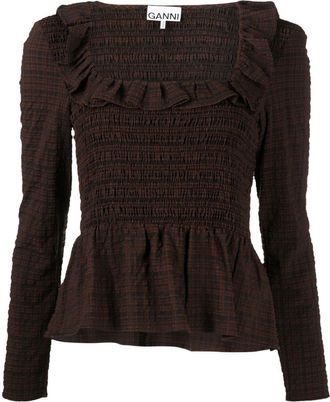Ganni smocked seersucker blouse - women - Recycled Polyester/Polyamide - 38 - Brown