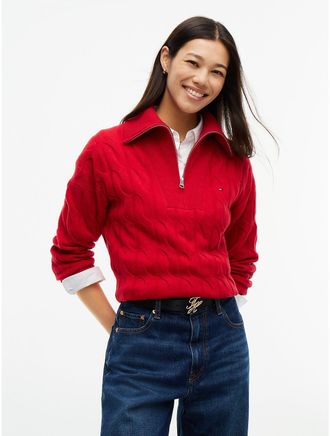 Tommy Hilfiger Womens Cable Knit Quarter-Zip Sweater - Medium Red - M