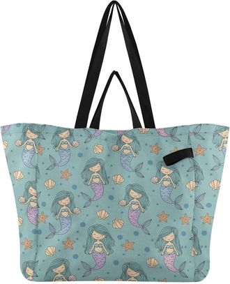 Generic Underwater Mermaids Seashells Blue print Reusable Canvas Tote Bag, Heavy Duty Grocery Shopping Bag with Double Handles Hard Bottom Large Capacity Work