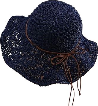 Generic Mesh Beach Cap Sun Hats for Women Summer Wide Brim 50+ Panama Fedora Foldable Packable Beach Hat Lightweight Hiking Hat (Navy, One Size)