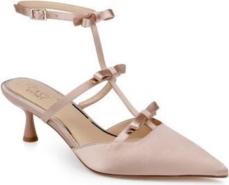 Badgley Mischka Elisabetta Ankle Strap Pointed Toe Kitten Heel Pump in Sand Satin at Nordstrom, Size 6.5