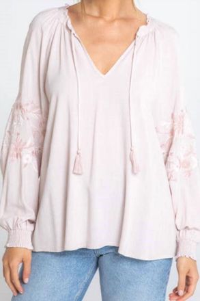 Lovestitch Womens Long Sleeve Linen Embroidered Peasant Top In Blush/rose