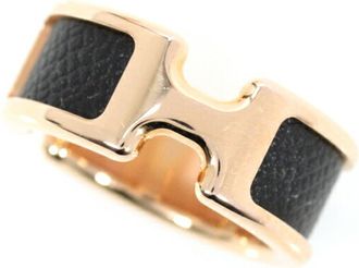 Herm&egrave;s Black Gold Plating Leather Band Ring (Pre-Owned)