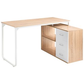 Beliani Escritorio Esquinero Oficina En Casa 2 Estantes 3 Cajones Tablero Aglomerado Patas De Hierro 140 X 100 Cm Marr&oacute;n Claro Sogne