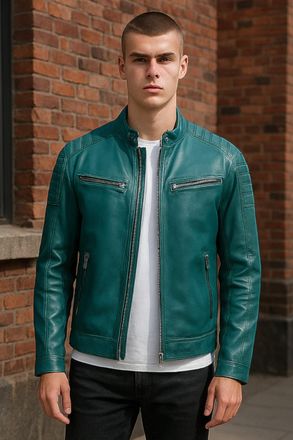 Infinity Leather Mens Green Modern Classic Quilted Biker Jacket - Smithton Lamb Leather - Size X-Large