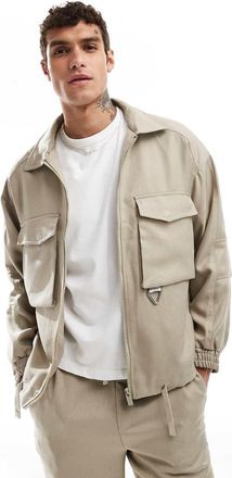 Sixth June Giacca beige con tasche sul davanti e logo in coordinato-Neutro