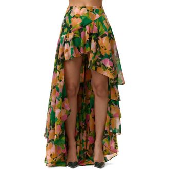 Naked Wardrobe Asymmetric Ruffle Chiffon High-Low Skirt in Secret Garden at Nordstrom, Size X-Small