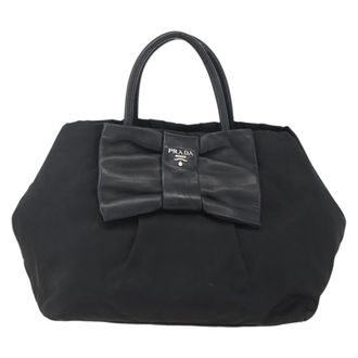 Prada Bow Tote Tessuto With Leather Black Nylon Handbag (Pre-Owned)
