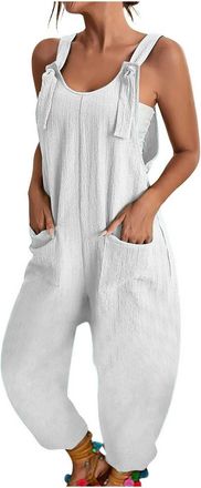 Generic Womens Summer Stretch Overalls Oversize Casual Plain Wide Leg Jumpsuit Sleeveless Bib Shorts with Large Pockets Casual Loose Bib Pants Overall Baggy S