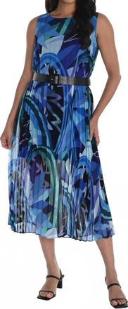 Frank Lyman Design Pleated Chiffon Belted Midi Dress In Blue/multi