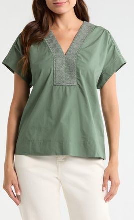 Tommy Bahama Oceana Isle Embroidered Cotton Popover Top in Dark Jade at Nordstrom, Size X-Large