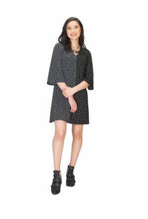 Papillon Polka Dot V Neck 3/4 Bell Sleeve Dress In Grey