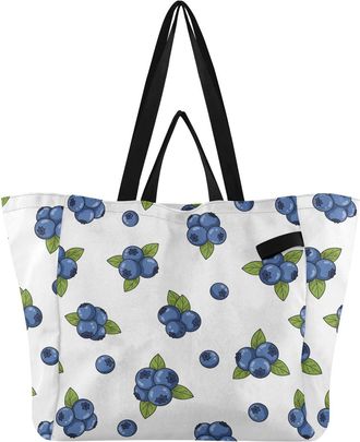 Generic Blueberries Leaves White print Reusable Canvas Tote Bag, Heavy Duty Grocery Shopping Bag with Hard Bottom Large Capacity Double Handles Work Groceries