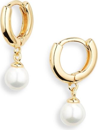 Nordstrom Rack Faux Pearl Dangle Huggie Hoop Earrings in White- Gold at Nordstrom Rack