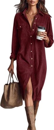 Generic Womens Corduroy Button Down Midi Shirt Dress, Casual Lapel a Line Pleated Tunic Shift Midi Long Dress with Pockets (Dark Red,M)