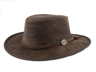 Barmah Foldaway Aussie Bronco Leather Hat with UFP Protection 1060 (L(57-58cm), Dark Brown)