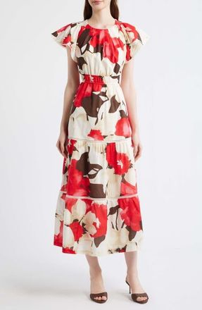Anne Klein Floral Print Tiered Midi Dress in White Dove Multi at Nordstrom, Size X-Small P
