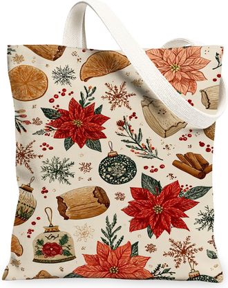 Generic Christmas Floral Canvas Tote Bags, Vintage Flower Pattern Reusable Grocery Bags, Rustic Lightweight Washable Canvas for Tra, Red, 13x15 Inch