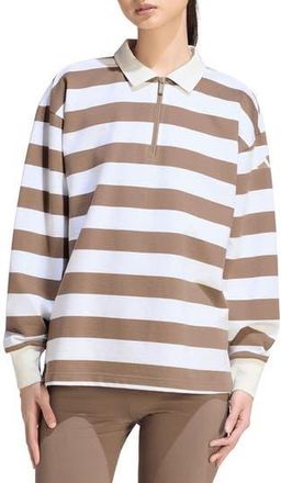 adidas Striped Quarter Zip Cotton Polo in Khaki Six/Off White at Nordstrom Rack, Size X-Large