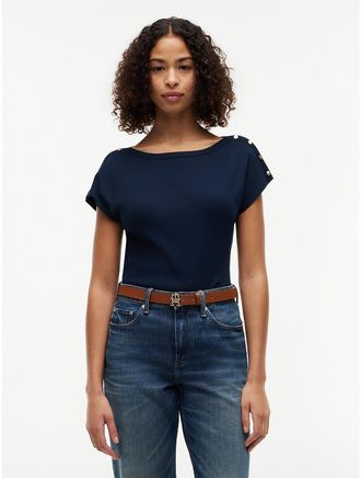 Tommy Hilfiger Womens Nautical Gold-Button Boatneck T-Shirt - Navy - XXS