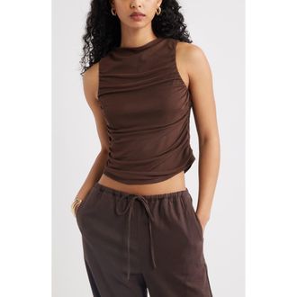 Open Edit Ruched Mesh Tank Top in Brown Terra at Nordstrom, Size Xx-Small
