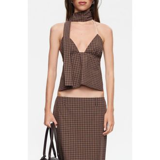 Lioness Play On Plaid Halter Top with Neck Scarf in Chocolate at Nordstrom, Size X-Small