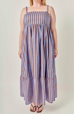 English Factory Striped Cotton Maxi Dress in Blue/brown Stripe at Nordstrom, Size 3X