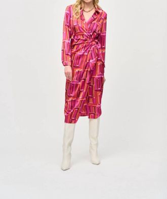 Joseph Ribkoff Long Sleeve Wrap Dress In Pink/multi