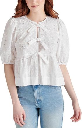 Steve Madden Paula Top Womens White Cotton Tie Front Puff Sleeve PALL610