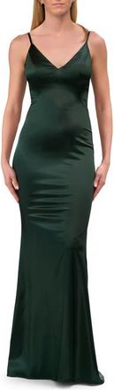 La Femme Chic Long Stretch Satin Gown with V Neck and Back in Dark Emerald at Nordstrom, Size 00