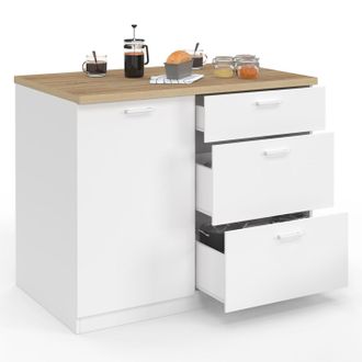 IDMarket Isola Centrale Tibo 110 Cm Con Cassettiera In Legno Bianco A 3 Cassetti E Piano Di Lavoro Effetto Faggio