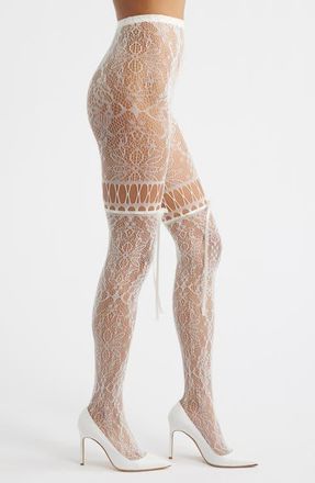High Heel Jungle Chevonne Satin Ribbon Lace Fishnet Tights in Ivory at Nordstrom