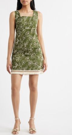 Tahari by ASL Embroidered Fray Hem Sleeveless Minidress in Agave at Nordstrom, Size 16