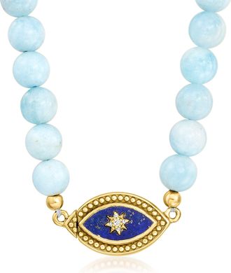 Ross-Simons Lapis, Diamond and Aquamarine Bead Evil Eye Necklace With 18kt Gold Over Sterling