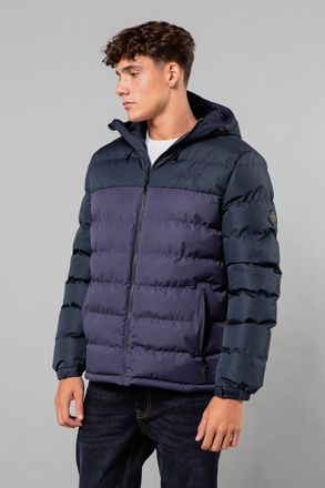 Tokyo Laundry Mens Navy Colour Block Hooded Padded Jacket With Microfleece Lining - Size X-Large